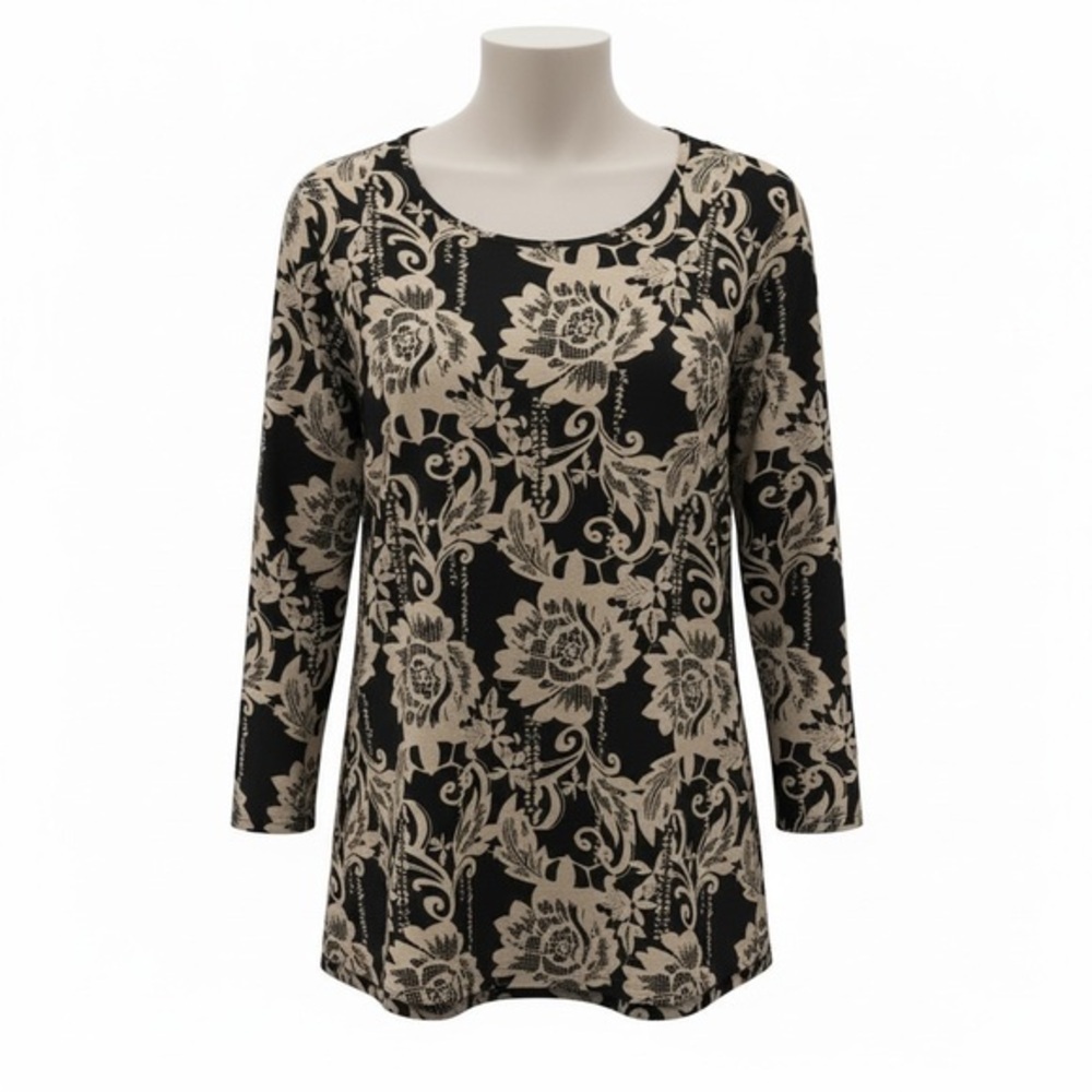 JM Collection Black Tan Floral Scroll Print Tunic Top Medium